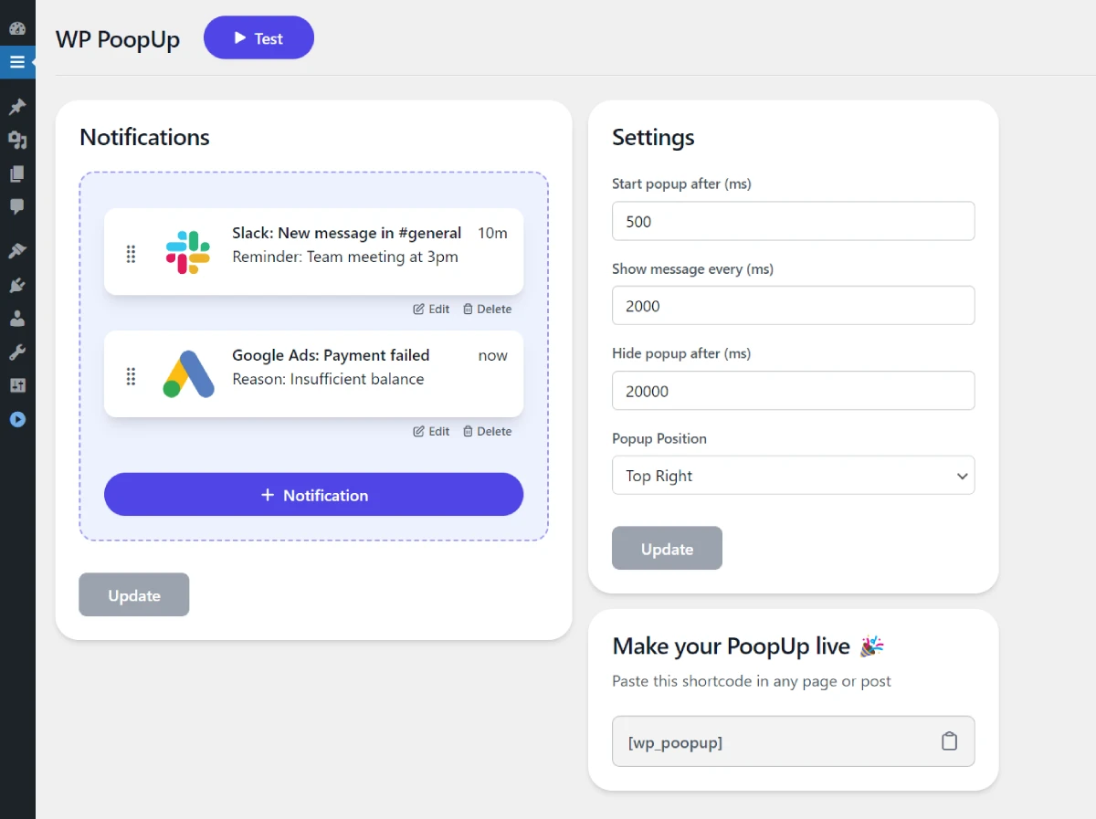 WP Poopup dashboard screenshot